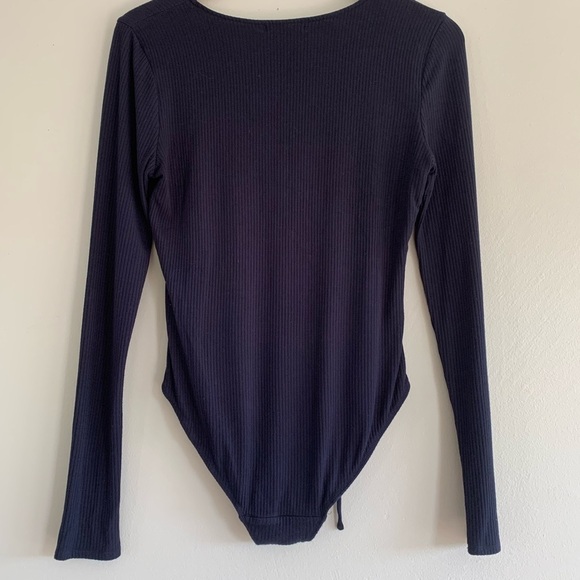 ROUVE Navy LaceUp Tie Bodysuit Stretch Ribbed Navy S - Picture 8 of 8